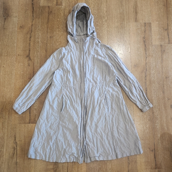 Eileen Fisher Long Rumpled Cotton Trench Jacket Medium Lagenlook Minimalist - Picture 1 of 12